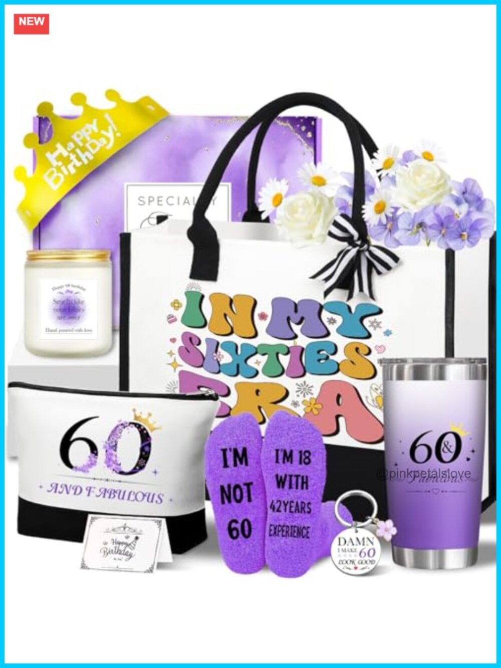 60th Birthday Gift Set Tote Bag with Tumbler Socks Candle